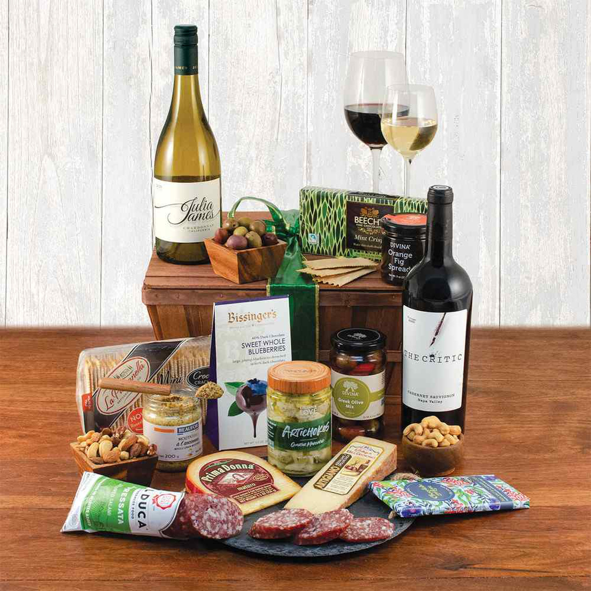 The Critic Napa Cabernet and Julia James Chardonnay Wine and Artisanal Food Gift Basket